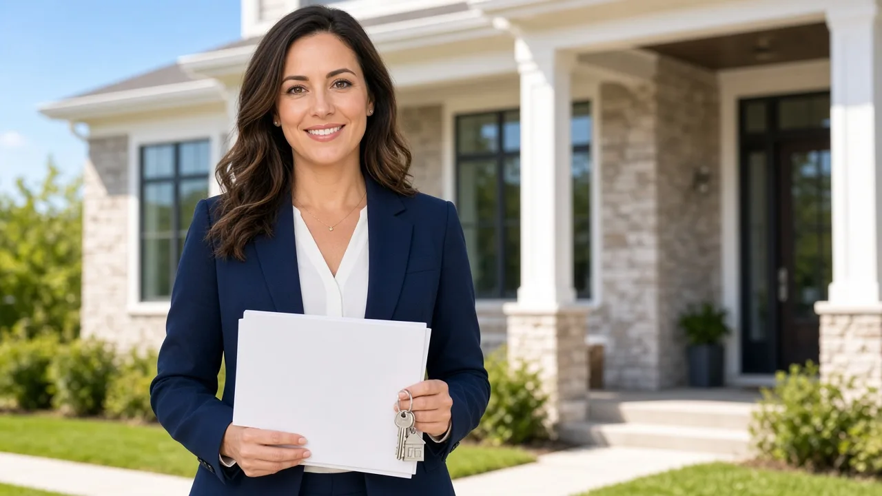 An agent holds blank folders and house keys outside a sunny home.