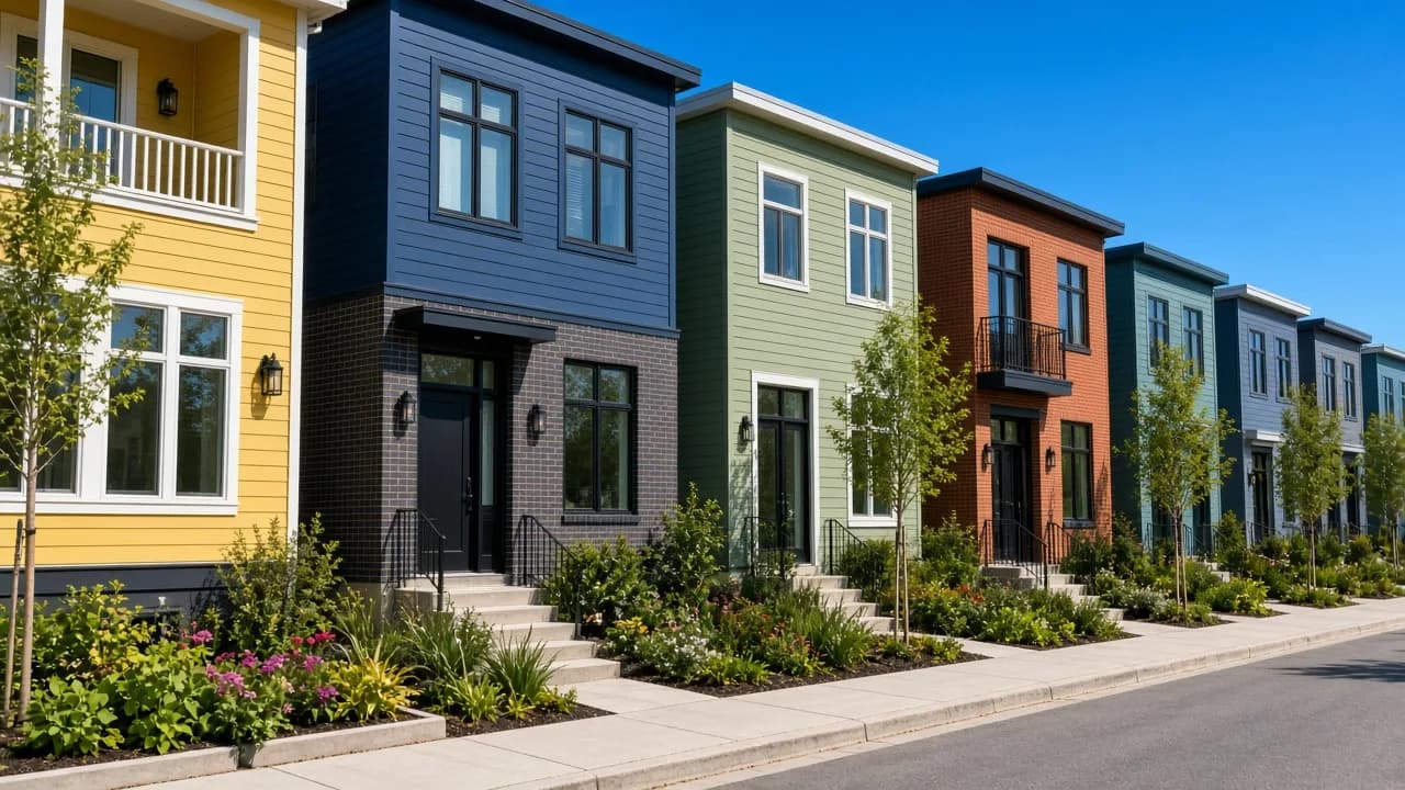 A row of colorful modern townhouses lines a sunny street.