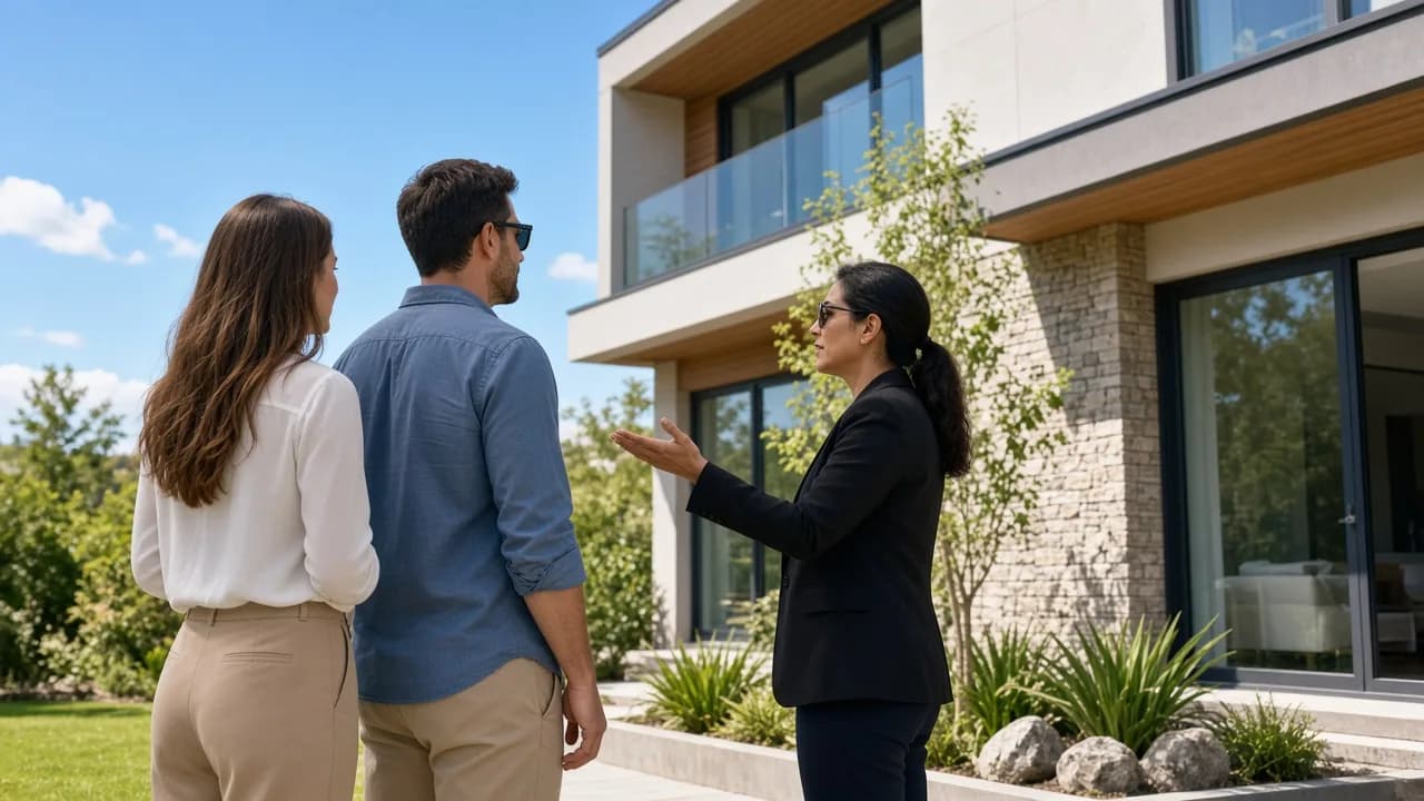 A couple and an agent look at a modern home exterior in sunshine.