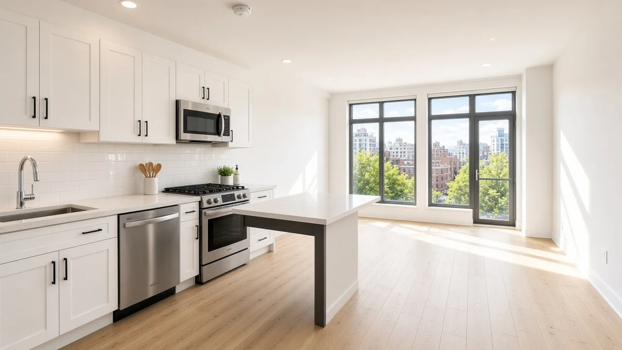 A bright empty apartment kitchen and living area have large windows.