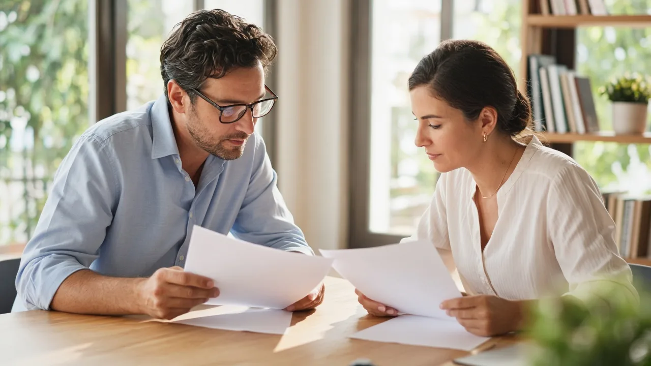Two colleagues review blank pages at a sunny table.