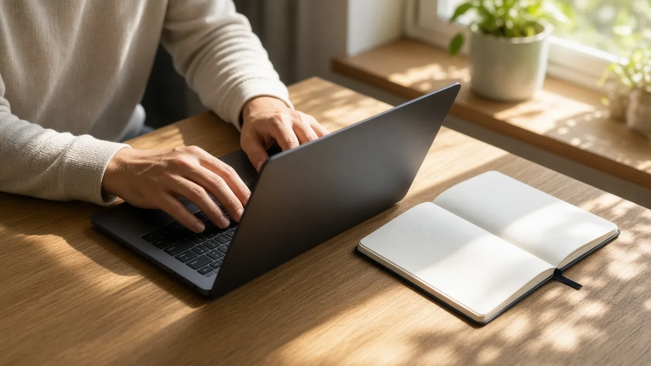 A person types on a laptop with the screen turned away beside a blank notebook.
