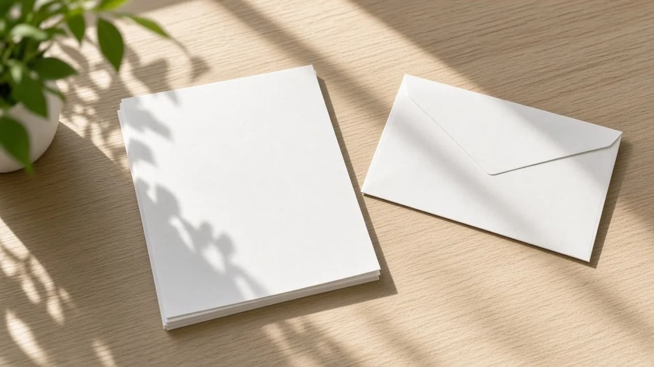 A blank letter and a plain envelope sit on a sunny desk.