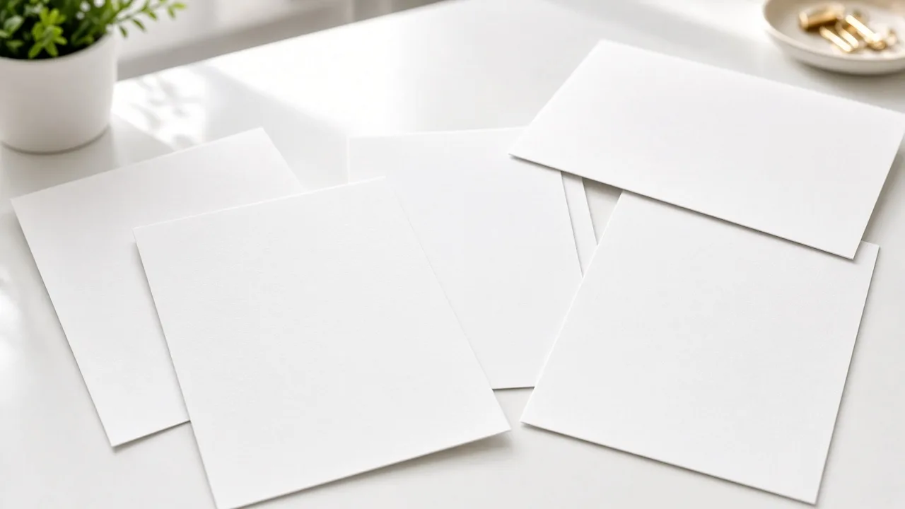 Several blank paper layouts are fanned across a bright desk.