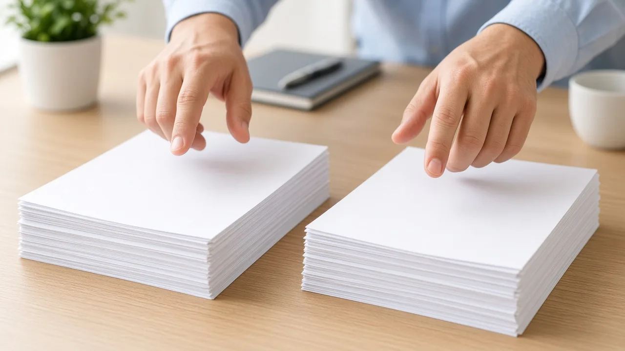 A person chooses between two stacks of blank documents on a desk.