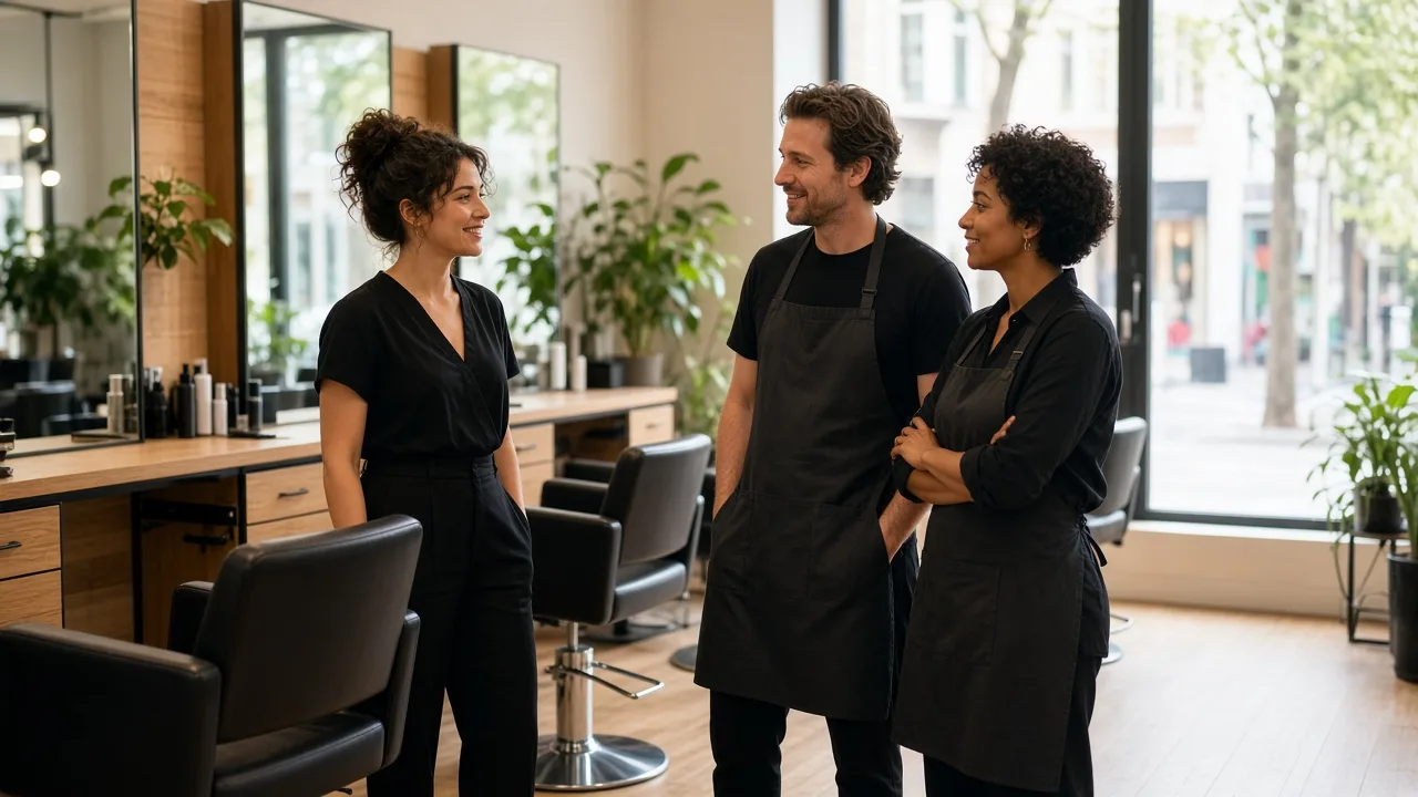 Three stylists talk in a sunny salon beside empty styling chairs.
