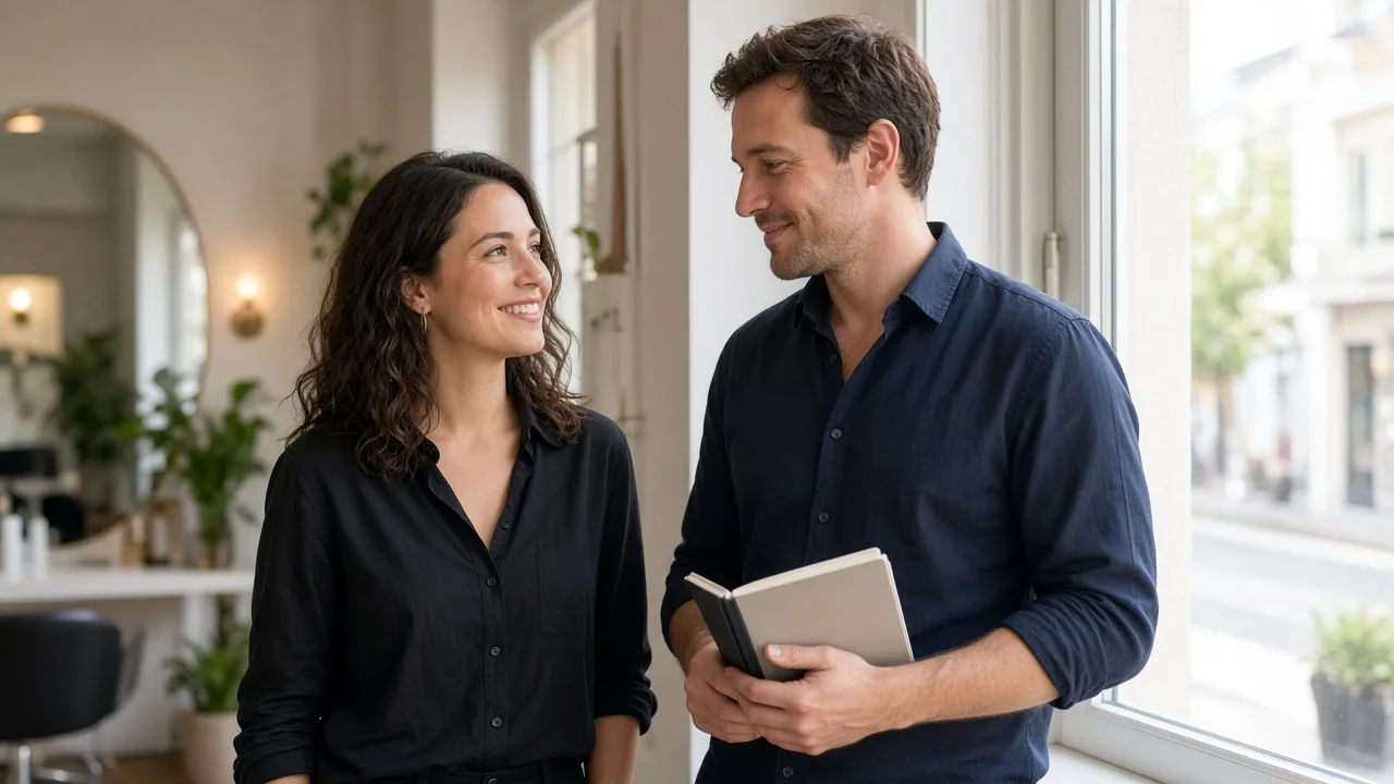 Two colleagues stand by a bright salon window with a closed notebook.