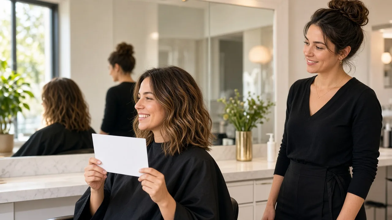 A client holds a plain blank card at a sunny salon mirror while a stylist stands nearby.