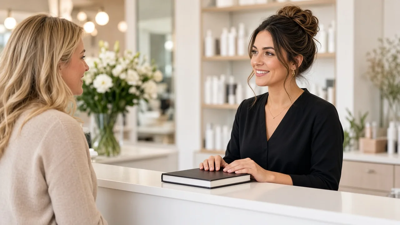 A receptionist greets a client at a bright salon desk beside a closed appointment book.