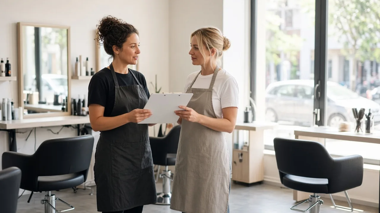 Two stylists in plain aprons talk beside empty salon chairs while holding a blank clipboard.