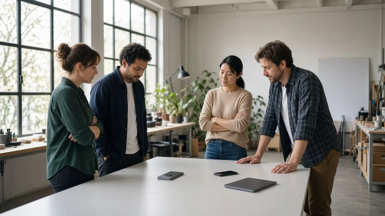 A small team planning around a table with phones face down and a closed laptop.