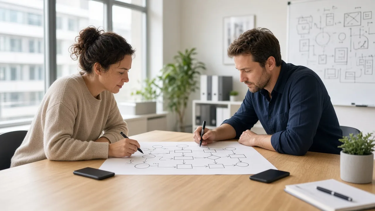 Two colleagues sketching an unlabeled flowchart with phones placed face down.