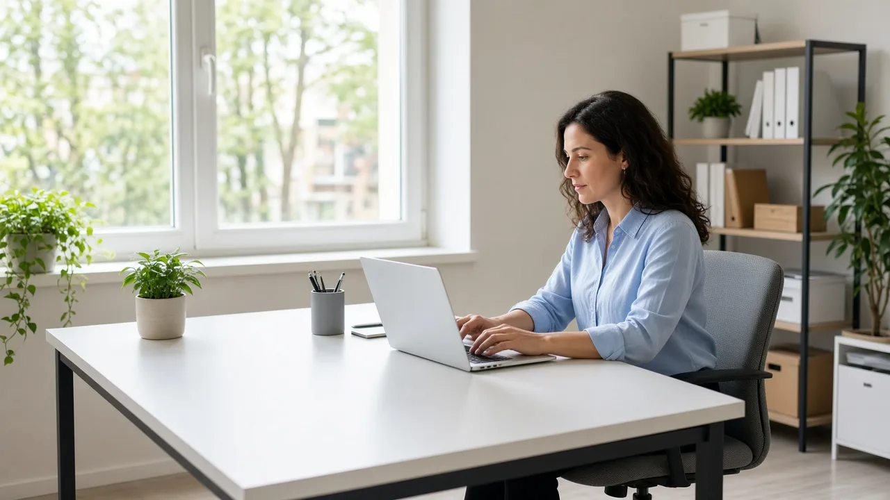 A coordinator working at a laptop in a bright office.