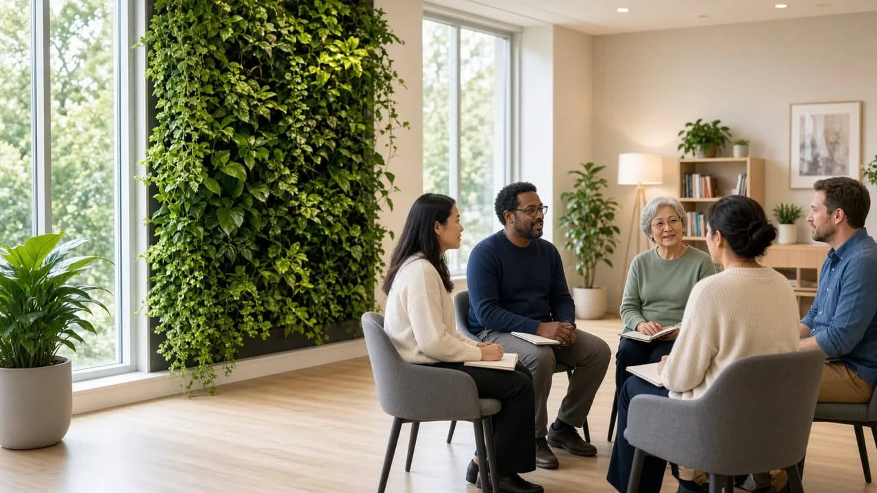 A small group sitting in a circle in a bright community room.