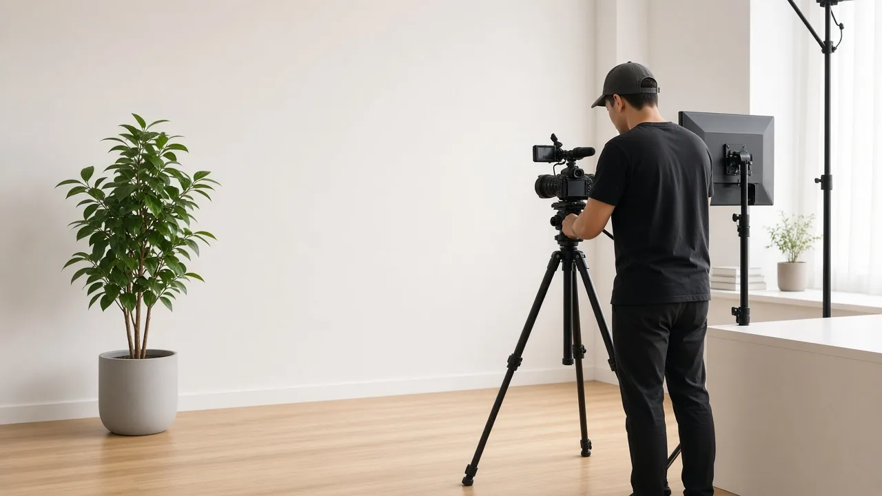 A creator filming in a bright studio with the monitor turned away.