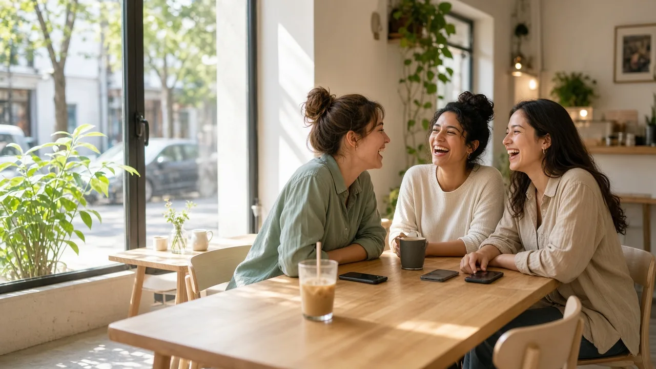 Friends laughing at a bright cafe table with phones placed face down.