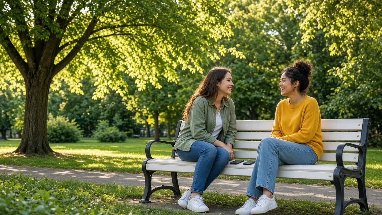 Two friends talking on a sunny park bench with phones placed face down.