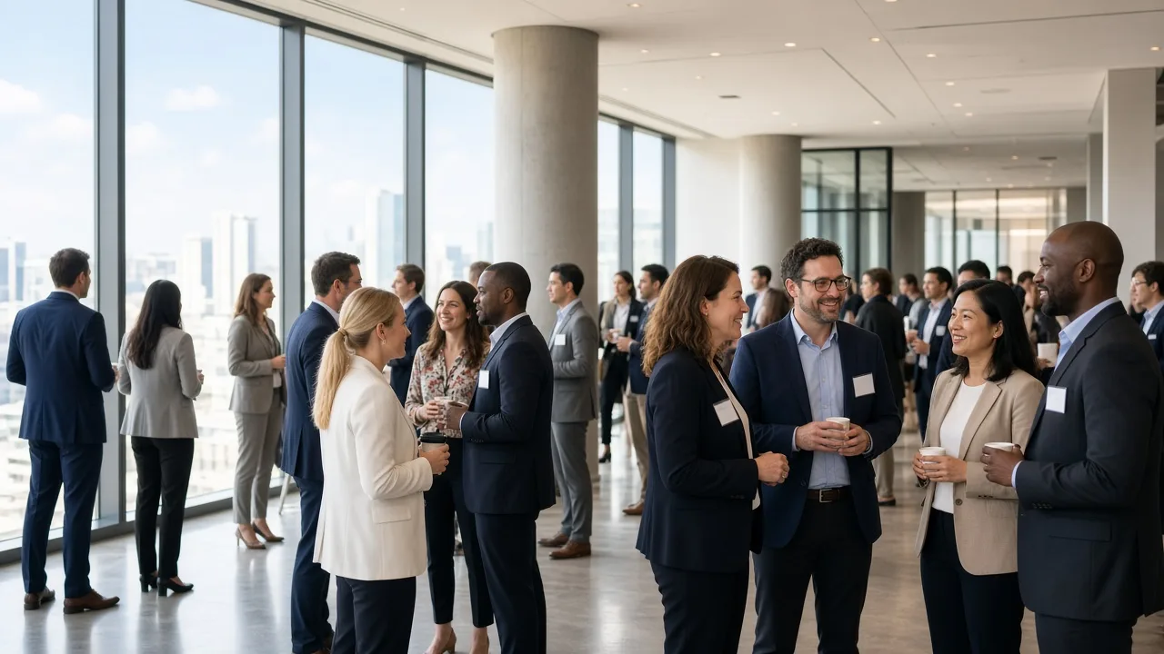 Professionals talking in small groups at a bright networking event.