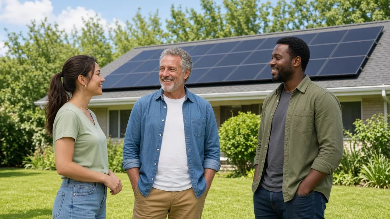 Three people talk on a sunny lawn with a house roof of solar panels behind them.