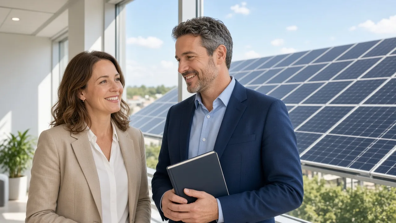 Two professionals stand by a sunny window overlooking a solar roof, holding a closed notebook.