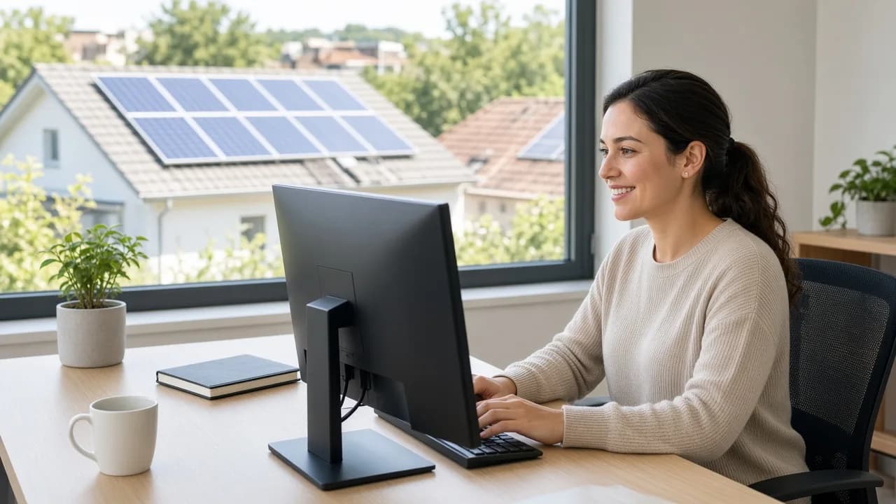 A coordinator sits at a desk with a monitor facing away and a solar rooftop visible through the window.
