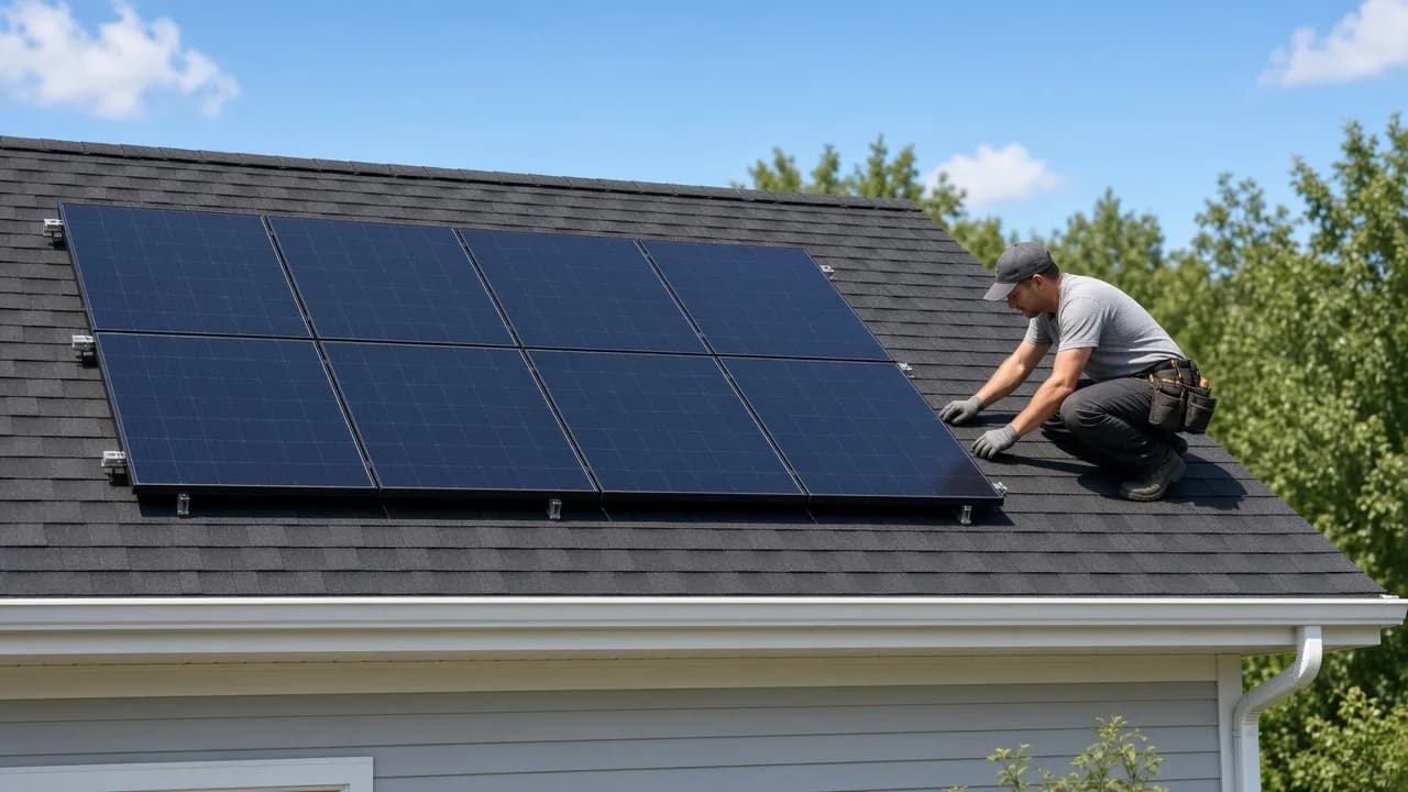 An installer stands on a sunny roof beside plain dark solar panels.