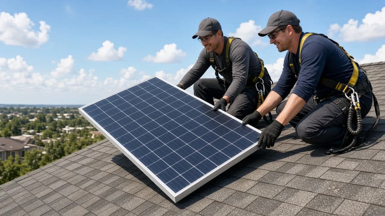 Two solar installers place a plain dark solar panel on a sunny roof.