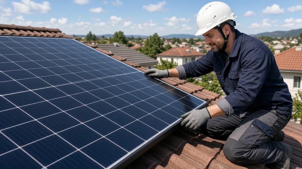 A technician inspects the edge of a plain dark solar panel on a sunny roof.
