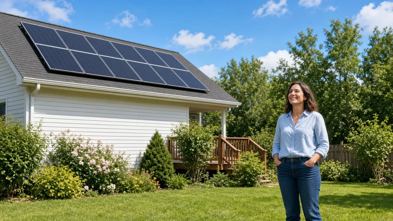 A homeowner stands in a sunny backyard looking toward a roof of solar panels.