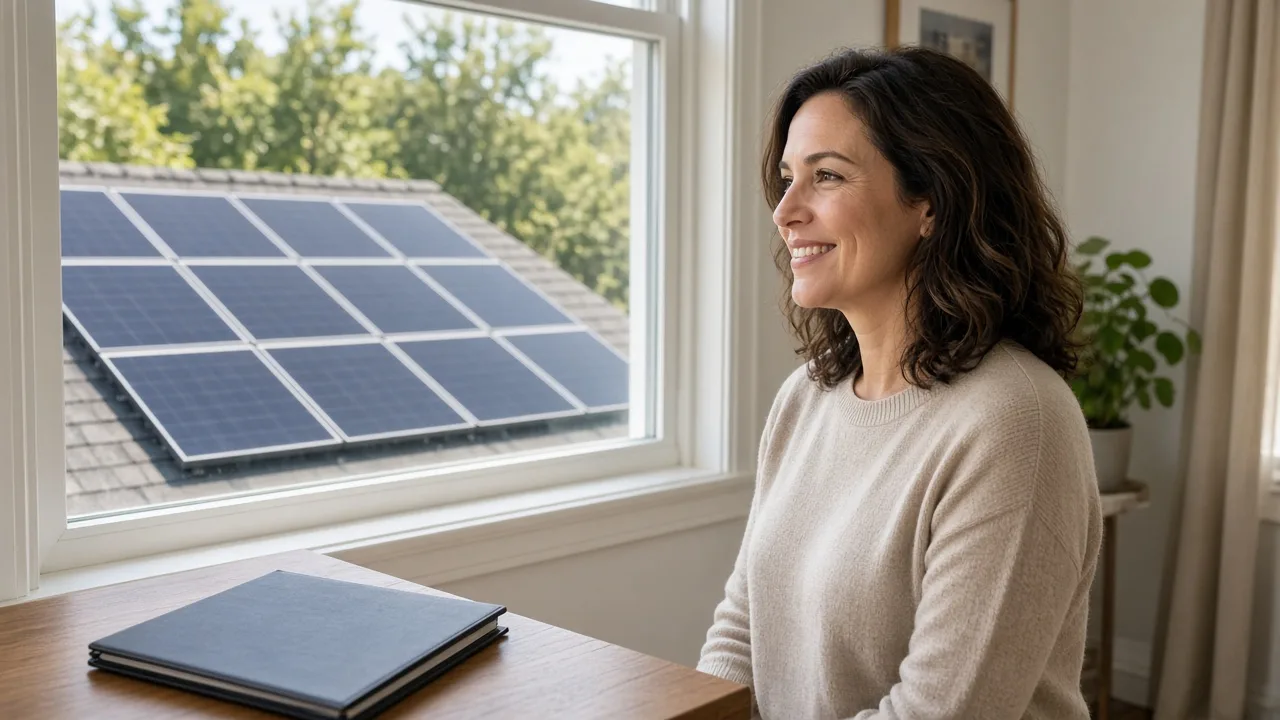 A homeowner stands by a sunny window looking out at rooftop solar panels, with a closed folder nearby.