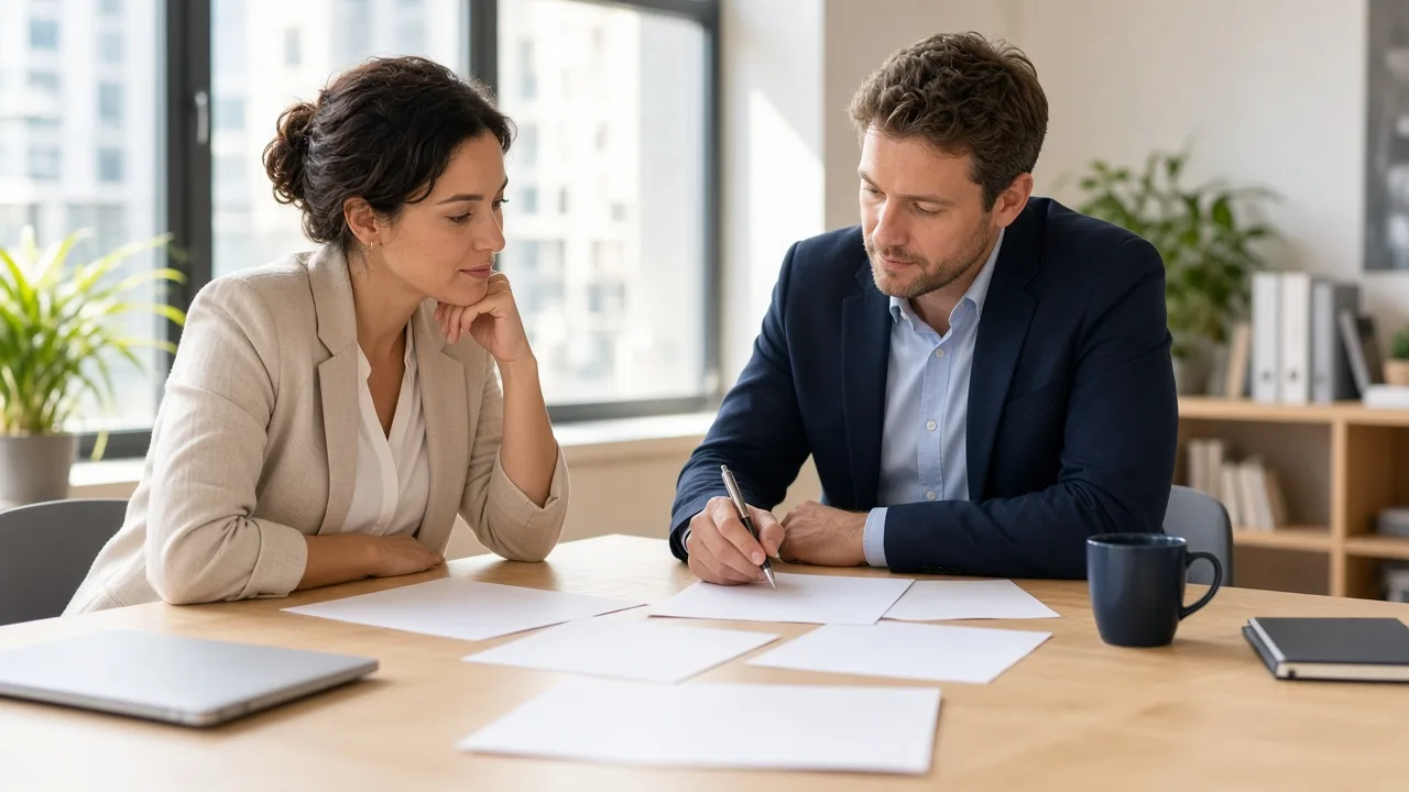Two colleagues plan with blank papers at a sunny conference table.