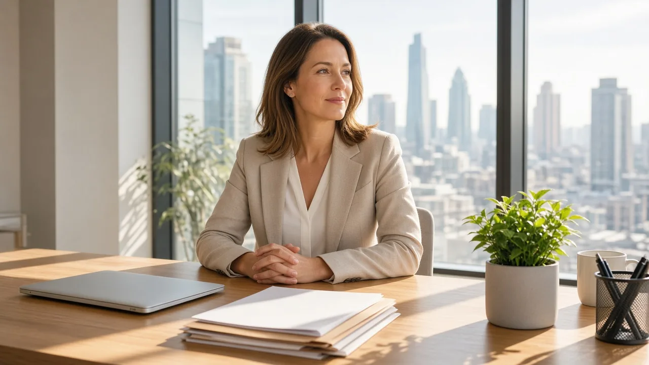 An administrator sits at a sunlit desk with a closed laptop and blank folders.