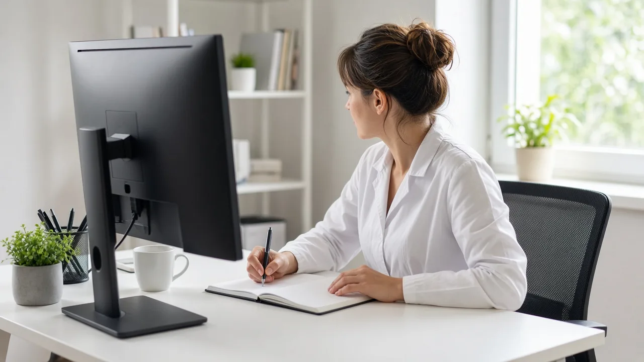 A researcher sits at a bright desk with a monitor turned away and a blank notebook.