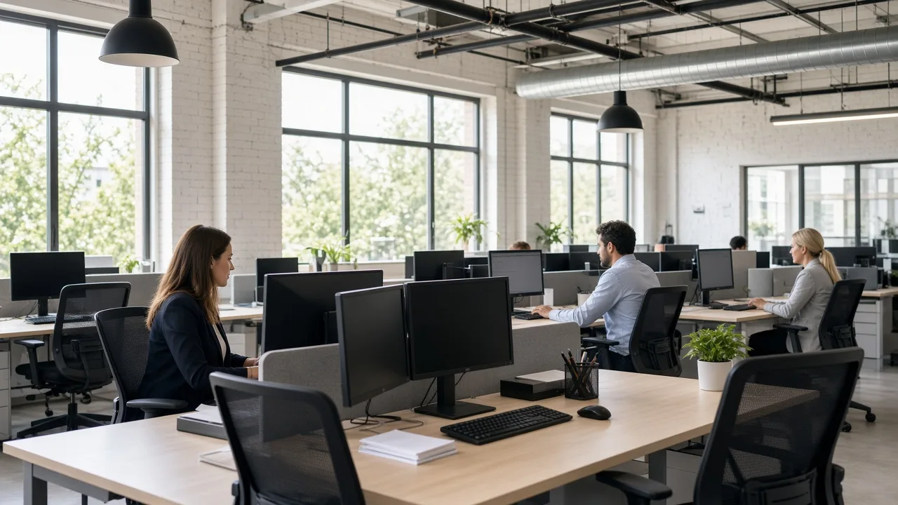 People work at sunny desks in an open office, with monitors turned away.