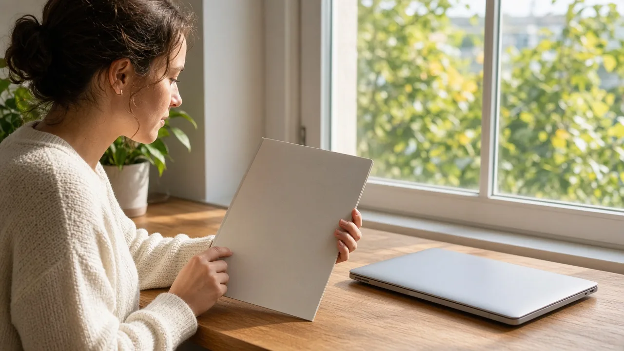 A person reviews a blank folder beside a closed laptop at a sunny window.