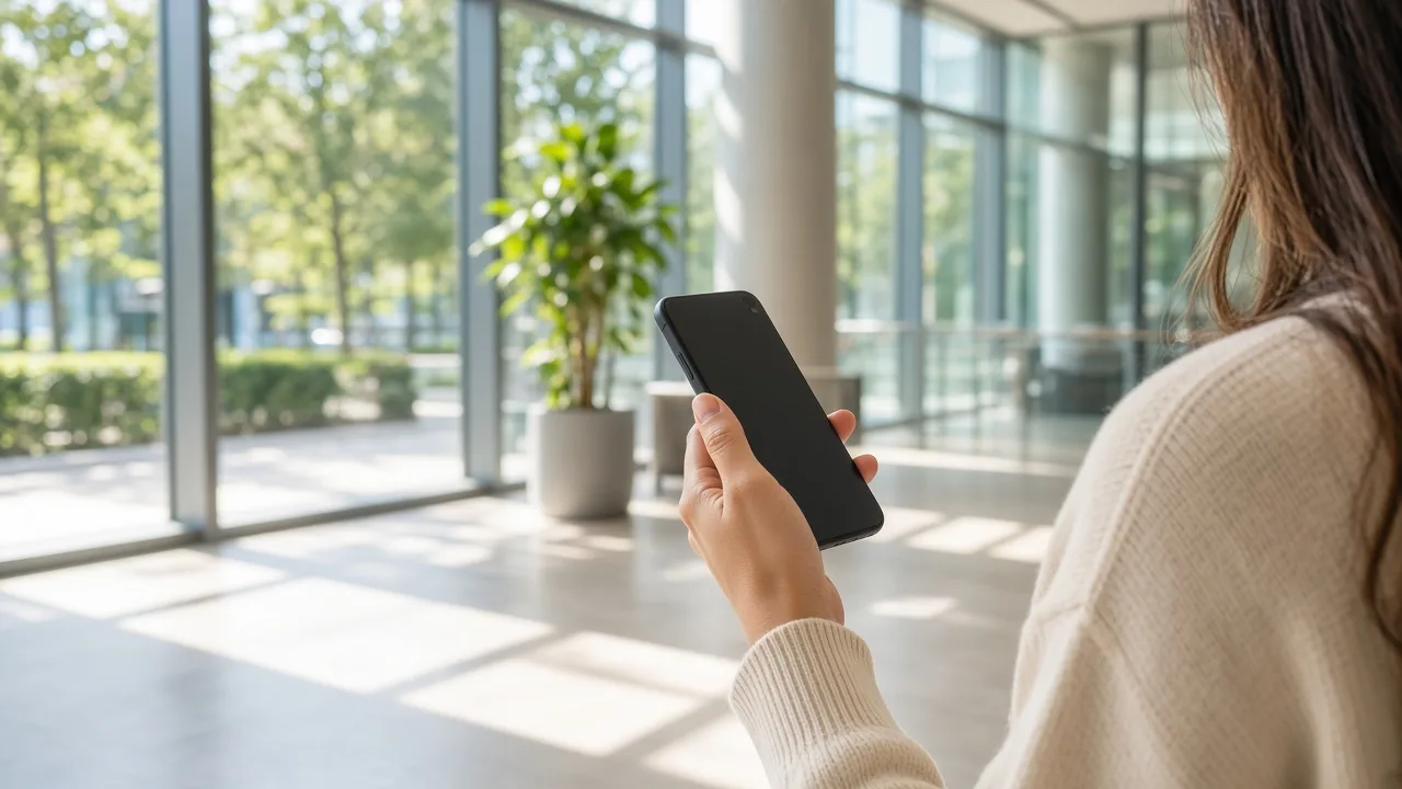 A person holds a phone with the screen turned away in a sunny glass lobby.