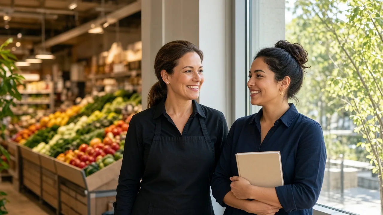 A store manager and a colleague stand by a sunny window with a closed notebook.