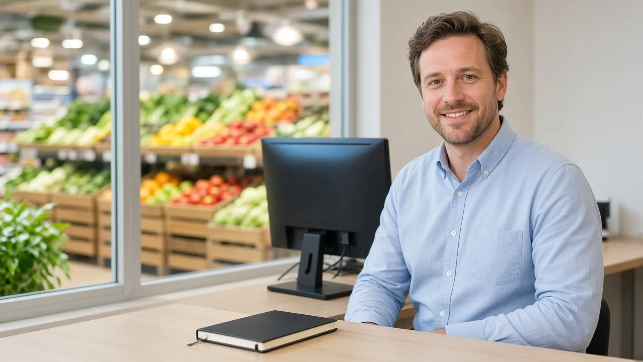 A grocery manager sits at a desk with a monitor facing away and a produce aisle visible beyond.