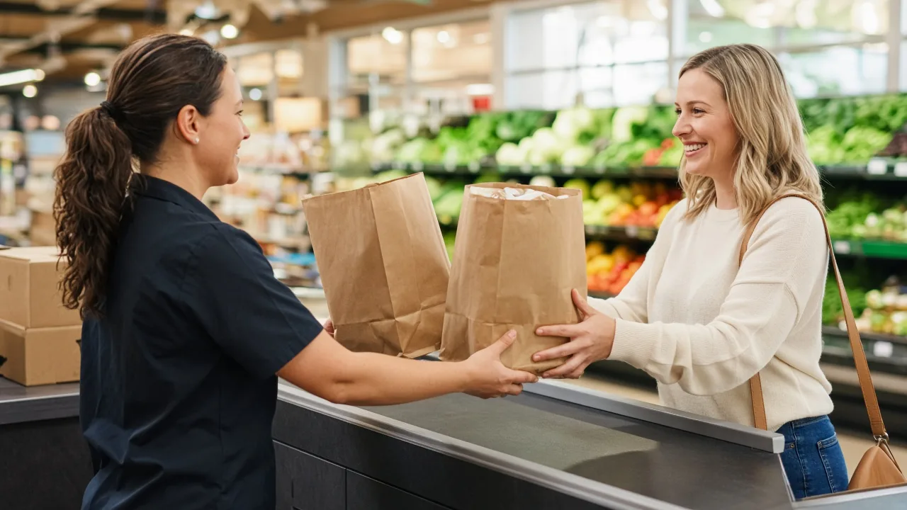 A customer collects plain grocery bags from a bright supermarket pickup counter.