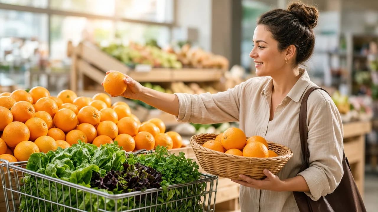 A shopper selects loose oranges into a basket in a bright grocery store.