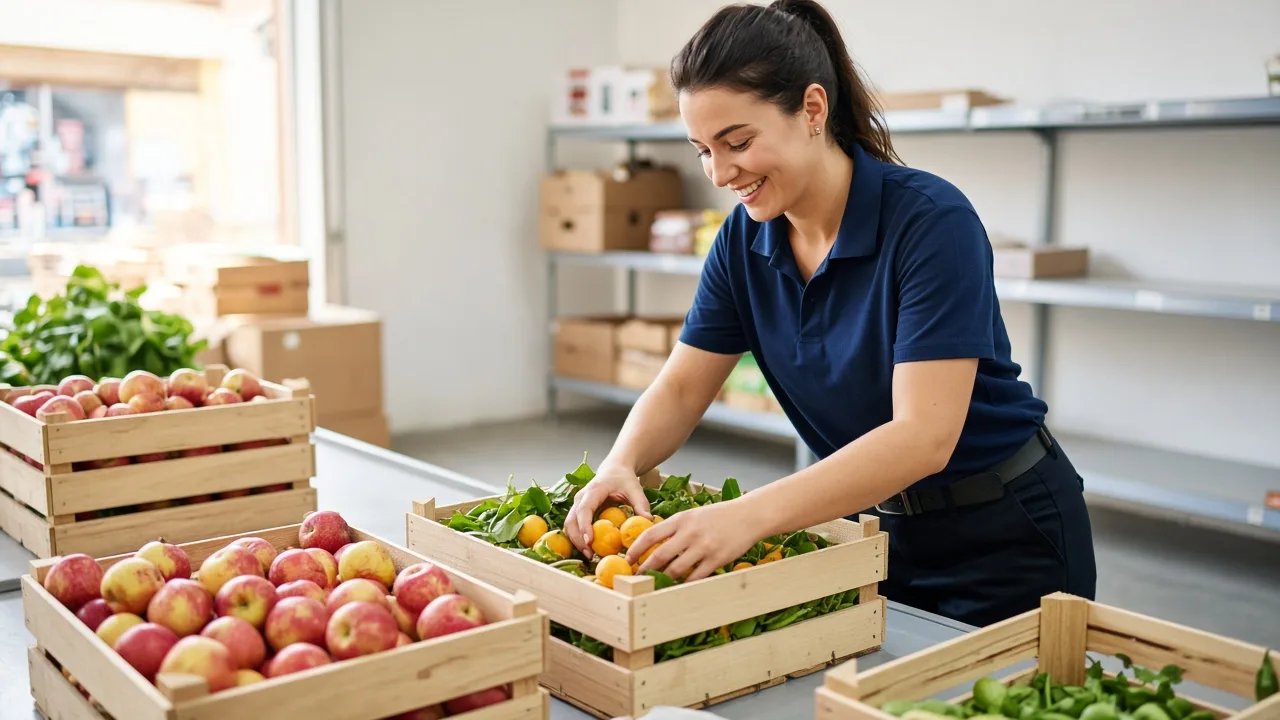 A store associate packs loose produce into plain crates in a sunny prep room.