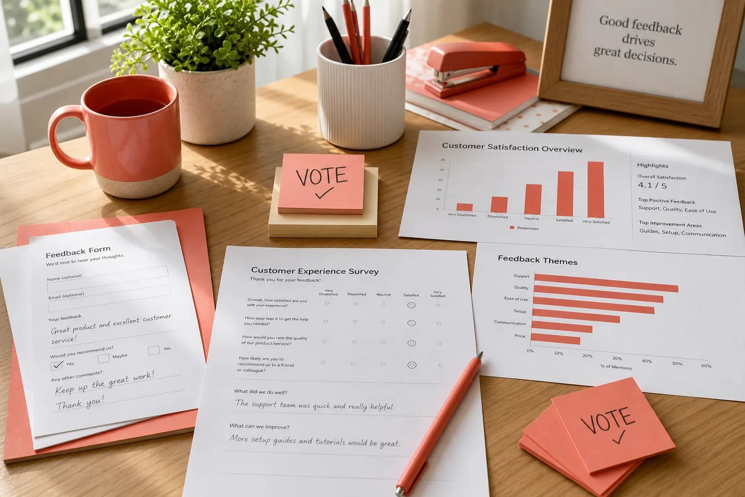 Bright USA research desk with survey forms and feedback analytics printouts