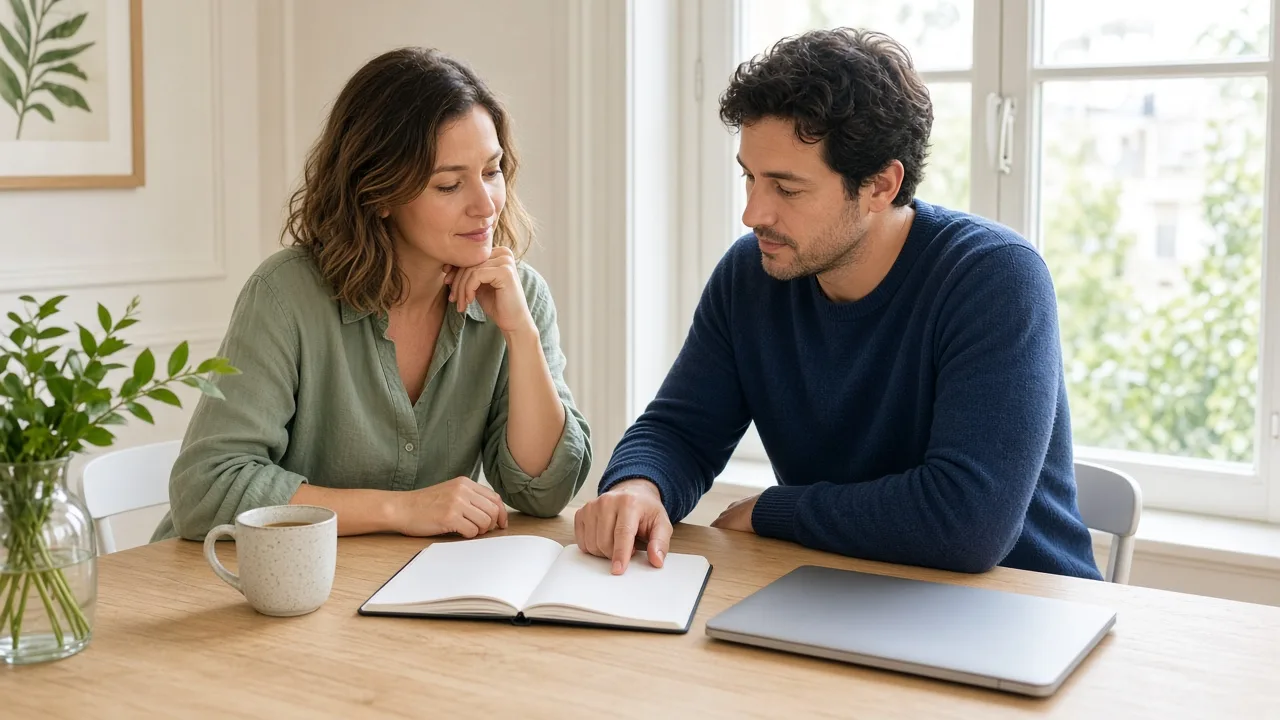Two people plan at a table with a blank notebook and a closed laptop.