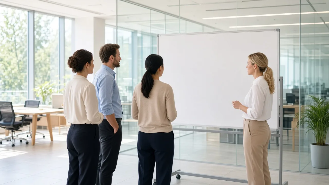 A team reviews a blank wall board in a glass office.