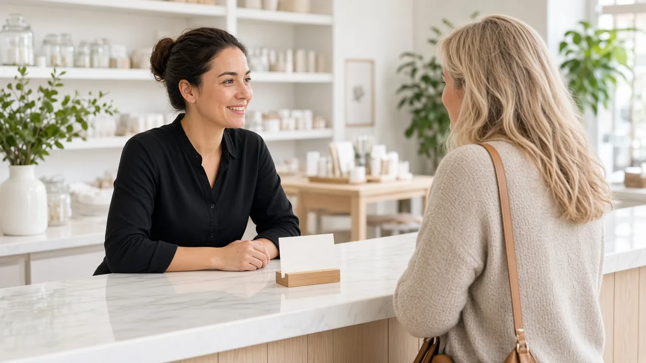 A staff member talks with a customer beside a blank card on a bright counter.