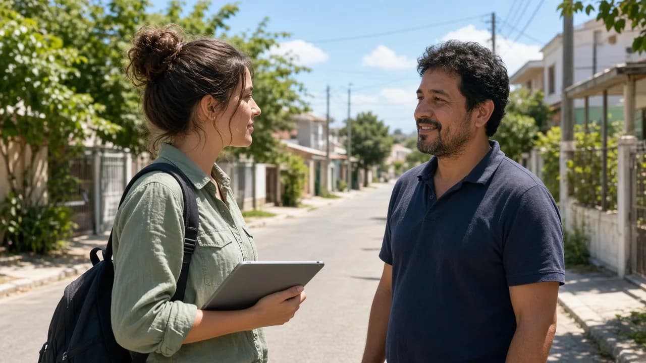 A field researcher holds a tablet facing away while talking with a respondent on a sunny street.