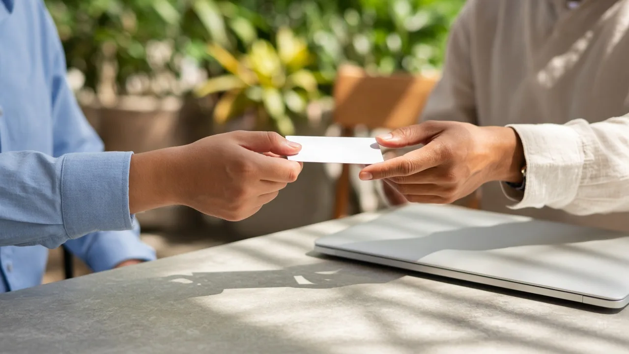 An adult hands a blank card to another adult across a sunny table.