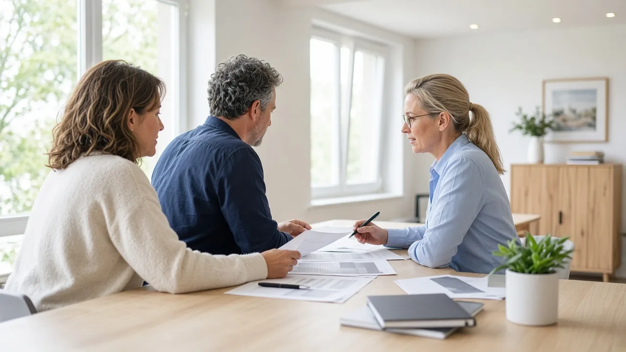 Three adults discuss papers turned away in a bright meeting room.