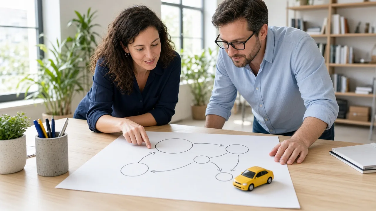 Two colleagues planning a ride workflow on paper beside a small yellow taxi model.