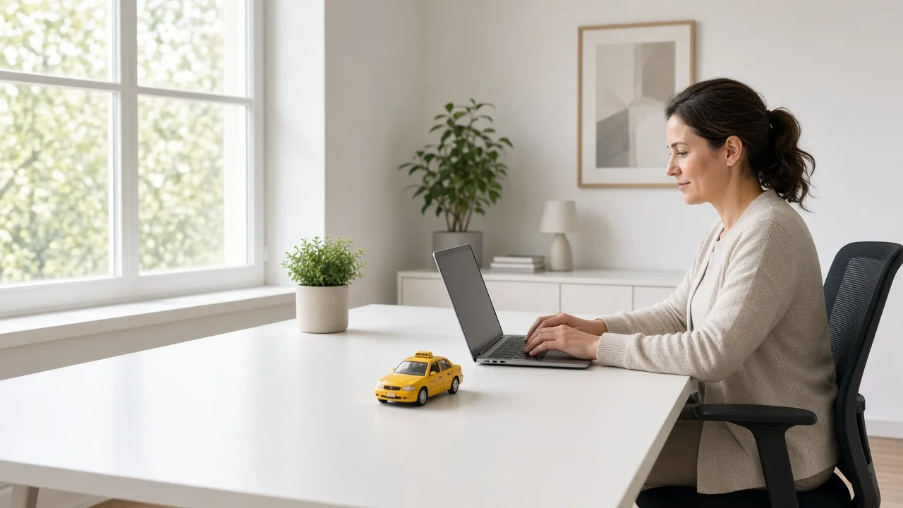 A coordinator at a laptop in a bright office, with a small yellow taxi model on the desk.